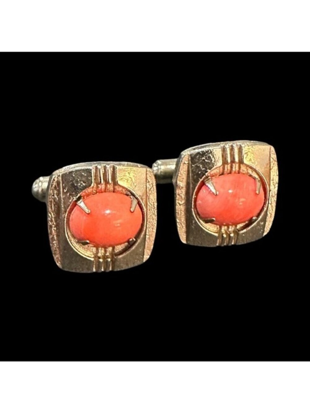 Vintage Cufflinks Signed Japan Silver Tone Coral Center Prong Set Mens Accessory
